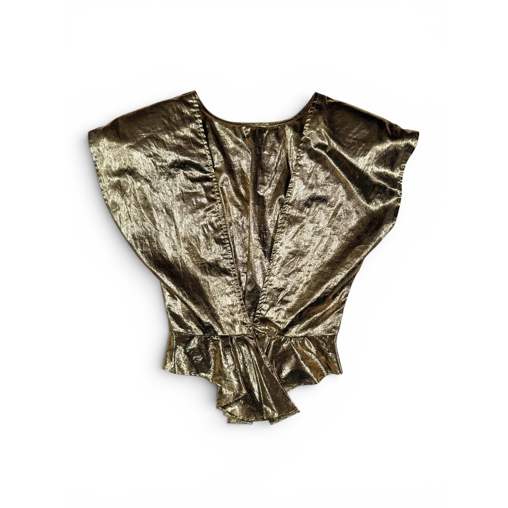 Vintage Rumours Gold Metallic Lame Flutter Sleeve Deep V Button Top Small